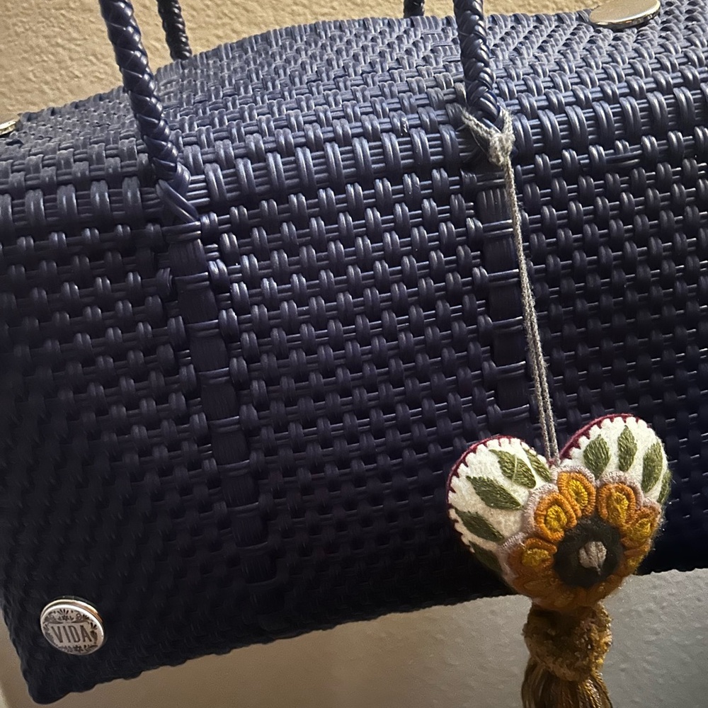 Navy Blue Woven Handbag with Floral Charm